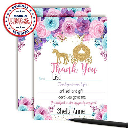 Royal Celebration Princess Carriage Theme Girls Birthday Thank You Cards, 10 Fill-In 4x5.5 Cards with White Envelopes, Gold Glitter Fairytale Party Design, Made in USA by Amanda Creation - style: Royal Celebration Gold Glitter Princess Carriage