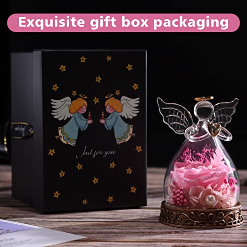 Preserved Real Rose in Glass Angel Figurine with LED Light, Angel Gifts for Women, Mom, Grandma on Mother's Day Christmas Birthday (Pink) - color: Pink