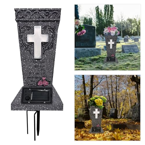 Solar Cemetery Vase with LED Cross Lamp Memorial Flower Holder - color: Square Cross