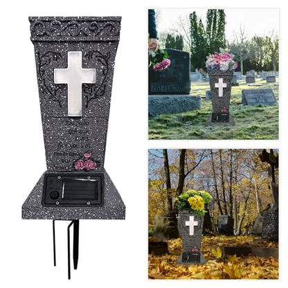 Solar Cemetery Vase with LED Cross Lamp Memorial Flower Holder - color: Square Cross