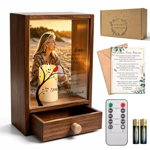 Sympathy Gift Loss of Loved One, Memorial Frame LED Candle Drawer 5x7 Brown | Photo frame, LED timer candle, storage drawer. Solid pine wood, shatterproof acrylic. For home, funeral, remembrance table. - color: Brown