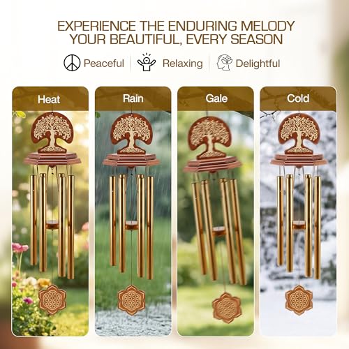 Wind Chimes for Outside Clearance, Gold Hexagon Pendant, Deep Tone 6 Aluminum Tubes & Pine Wood, Sympathy Gift for Loss of a Loved one, Letter from Heaven, Keychain, Acrylic Heart Plaque - color: Gold - Tree of Life