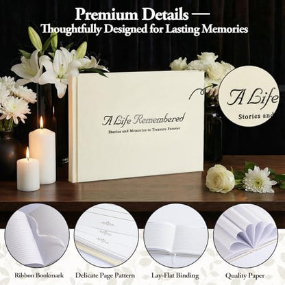 Funeral Guest Book Set, Ivory Linen, Celebration Of Life, 120 Lined Pages - color: Ivory