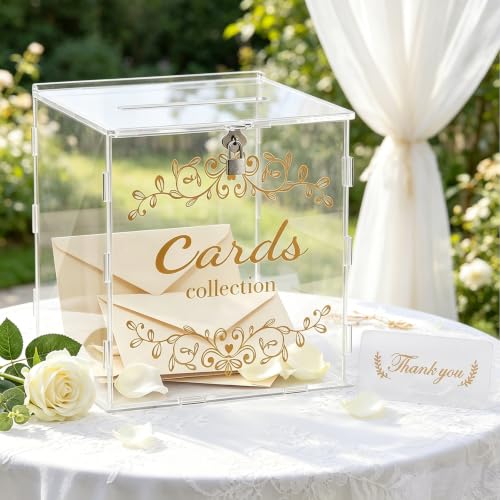 Acrylic Wedding Card Box with Lock,Clear Card Box Large Letter Envelope Boxes with Lock and Slot Decorative Card Holder for Wedding Birthday Graduation Party