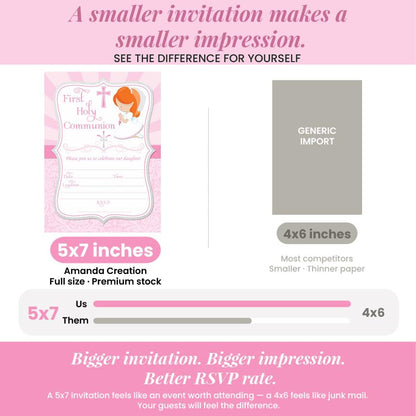 First Holy Communion Religious Party Invitations for Girls (Light Skin, Red Hair), 20 5x7 Fill In Cards with Twenty White Envelopes by AmandaCreation - style: Light Skin, Red Hair Girl