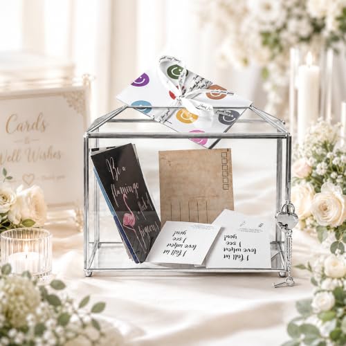 Wedding Glass Card Box with Slot and Lock, 10.2 x 6 x 8 Inch, Small Silver Geometric Cards Holder for Birthdays Party Reception, Wishing Well - Slot Length 6.3'' (Glass Box Only) - color: E-Small Silver Card Box 10.2''