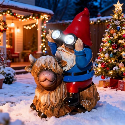 Christmas Gnome Decorations Statue - Garden Gnomes Solar LED Telescope Lights Sitting on Highland Cow Outdoor Patio Lawn Yard Balcony Home Decor Gnomes Gifts for Women Mom - color: Gnome Cow