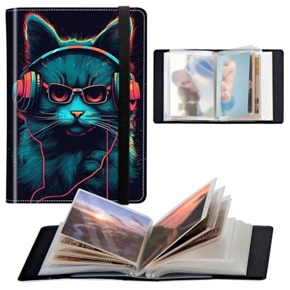 Photo Album 4x6 120 Pockets Photos with Elastic Band, PU Leather Photo Books Small Mini Capacity Picture Album for Family Wedding Anniversary Baby Vacation Pictures,Cat with Headphones Music - color: Cat with Headphones Music