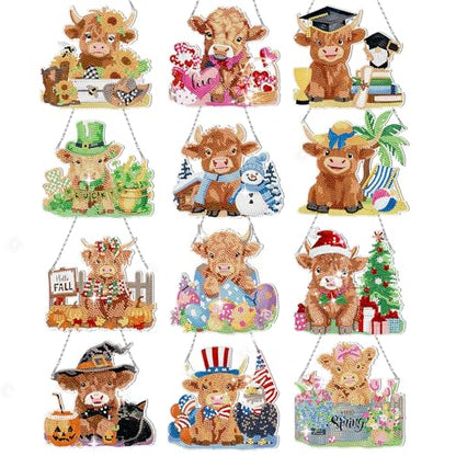 Cinnvoice Seasonal Diamond Art Hanging Kit,12 Pcs,Cow | 12 Pcs,Highland Cow,Holiday Diamond Art Wreath, Month Diamond Hanging Sign, Festival Crystal Suncatcher, for Door Window Wall - style: Cow