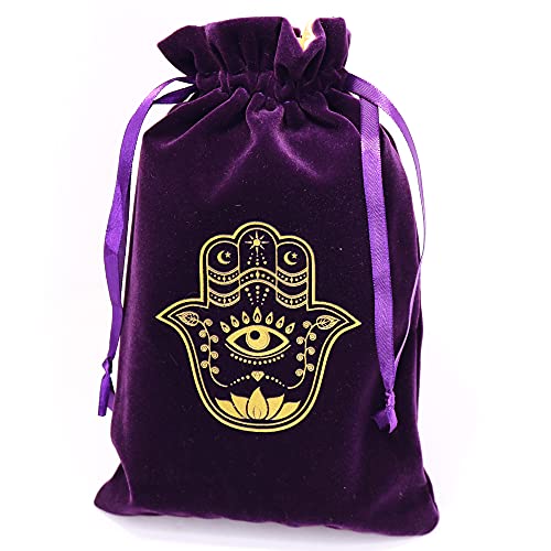 ARTSY CRAFTS 6x9" Hamsa Hand Velvet Jewelry Pouch Gift Bags, Fatima Hand Evil Eye Velvet Drawstring Oracle Tarot Card Rune bags Dice Bag (Eggplant Purple) - color: Eggplant Purple