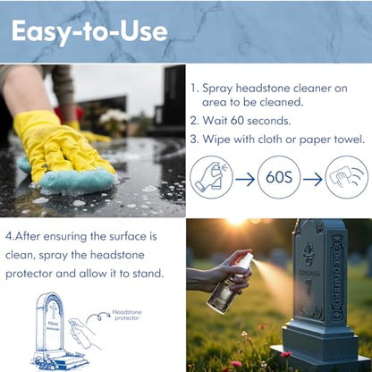 Headstone & Gravestone Cleaner for Memorials – Safe for Granite & Stone, Non-Acid Formula Gently Removes Dirt & Organic Stains (10.14 fl oz)