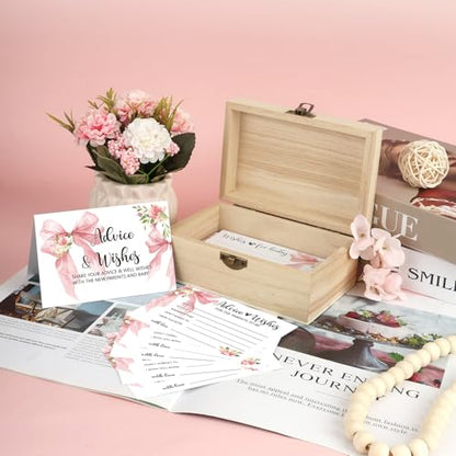 50 PCS Pink Bow Baby Shower Advice Cards For Parents To Be, Advice and Wishes Cards with Box for Baby Shower Games Advice for New Parents Baby Showers - color: Pink Bow