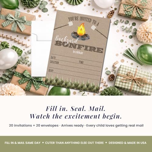 Backyard Bonfire Party Invitations, 20 5x7 Fill In Cards with Twenty White Envelopes by AmandaCreation - style: Backyard Bonfire