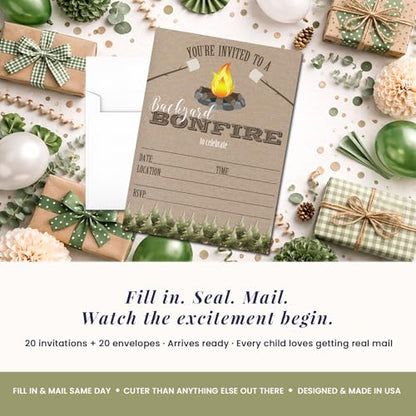 Backyard Bonfire Party Invitations, 20 5x7 Fill In Cards with Twenty White Envelopes by AmandaCreation - style: Backyard Bonfire