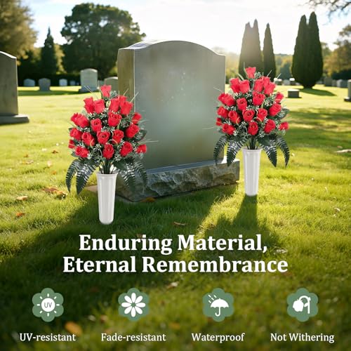 Lewondr Artificial Cemetery Flowers with Vase for Grave, Red Roses, 2 Pack - color: Red