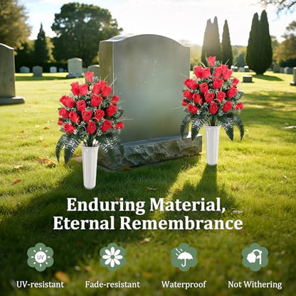 Lewondr Artificial Cemetery Flowers with Vase for Grave, Red Roses, 2 Pack - color: Red