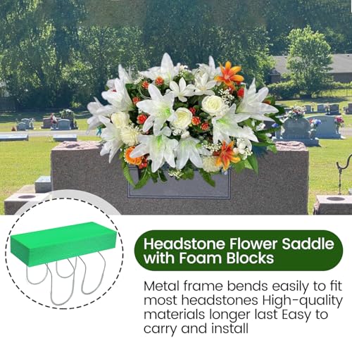 GRPFS 3 Pack Cemetery Saddles for Headstones 12 Inch Galvanized Gravestone Saddle with Flower Foam Blocks，Cemetery Headstones for Graves