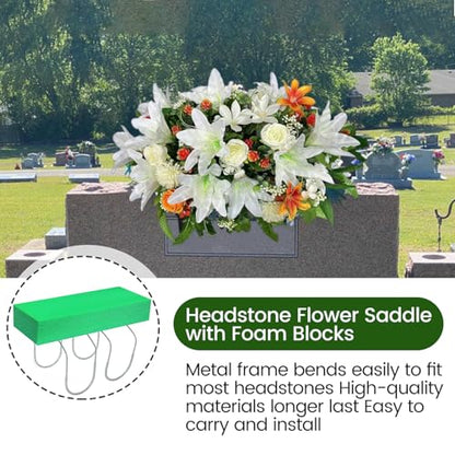GRPFS 3 Pack Cemetery Saddles for Headstones 12 Inch Galvanized Gravestone Saddle with Flower Foam Blocks，Cemetery Headstones for Graves