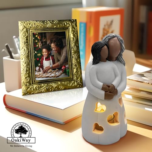 Grandma-Granddaughter Hand-Painted Candle Holder Statue W/Flickering LED Candle | Unique Nana Present Ideas for Christmas, Gigi Grandmother Birthday Gift, Greeting Card Included (Dark) - color: Grandma & Granddaughter (Dark)