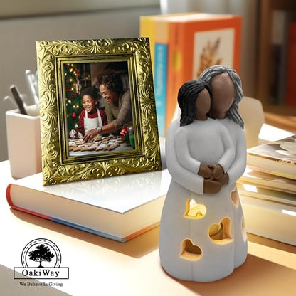 Grandma-Granddaughter Hand-Painted Candle Holder Statue W/Flickering LED Candle | Unique Nana Present Ideas for Christmas, Gigi Grandmother Birthday Gift, Greeting Card Included (Dark) - color: Grandma & Granddaughter (Dark)