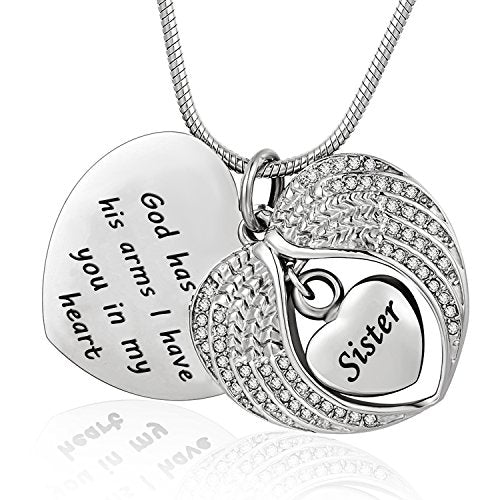 Norya God has You in his arms with Angel Wing Diamond Cremation Jewelry Keepsake Memorial Urn Necklace - color: Sister