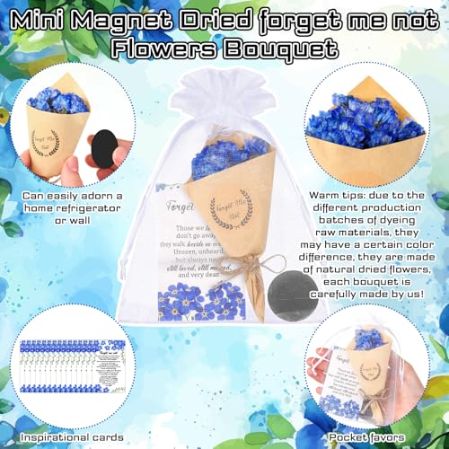 Suncalla 30 Sets Funeral Favors for Guest Forget Me Not Dried Flowers Bouquets Mini Magnet Dried Flower Bouquets with Cards and Organza Bags Celebration of Life Favors for Sympathy Gifts
