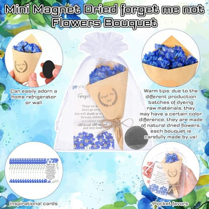 Suncalla 30 Sets Funeral Favors for Guest Forget Me Not Dried Flowers Bouquets Mini Magnet Dried Flower Bouquets with Cards and Organza Bags Celebration of Life Favors for Sympathy Gifts