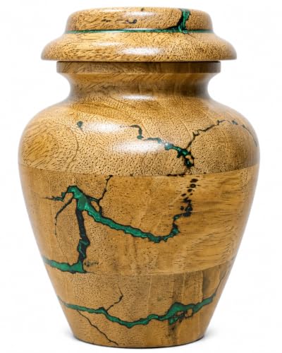 Wooden Keepsake Cremation Urn for Human Ashes, Small 20 Cubic Inches, Handmade Mango Wood with Green Resin Inlay, Decorative Funeral Tribute for Loved One