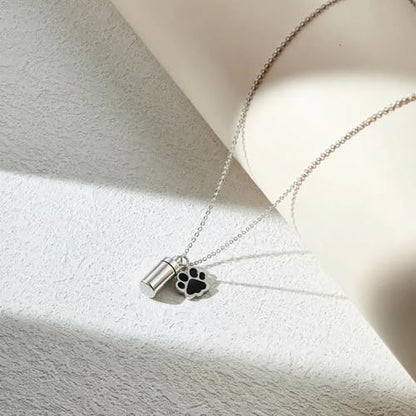 Stainless Steel Pet Urn Necklace for Ashes - Memorial Cremation Jewelry with Black Paw Print Charm, Christmas/Mother's Day/Thanksgiving Sympathy Gift for Dog/Cat Lovers