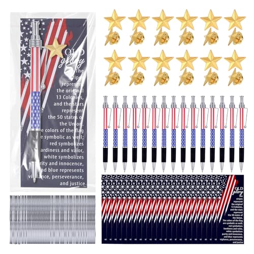 24Set Veterans Day Gifts Bulk 4th of July Patriotic American Flag Ballpoint Pens Veterans Day Pins Star Bookmarks, Independence USA Souvenirs Appreciation Gifts for Veteran Patriots Party Supplies