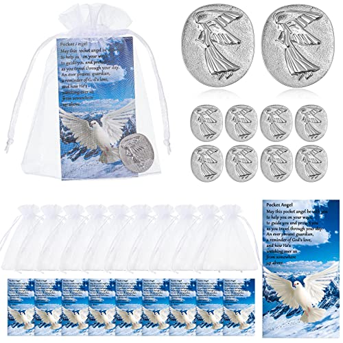Sureio 10 Sets Memorial Angel Sign Coins Funeral Pocket Token Peace Dove Poem Lucky Prayer Cards Angel Coin Funeral Favors for Guests Celebration of Life Favors (Memorial Angel Theme,30 Pieces)