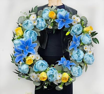 Artificial Cemetery Wreath for Grave, 24" Blue Memorial FWreath with 30" Easeal Stand, Peony Lily Rose Daisy for Gravesites Decoration