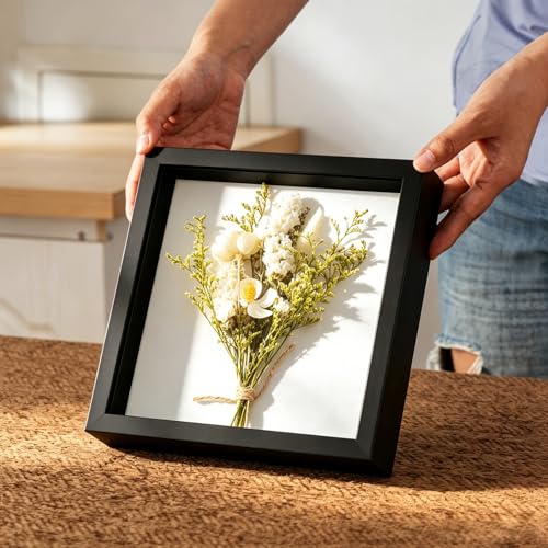 8x8 Shadow Box Frame with Ultra-Clear Glass & Soft Linen Back | With Push Pins and Stand, Deep 1.2" Black Shadow Box Display Case – Display on Tabletop or Wall for Photo, Flower, Keepsakes - color: Black+high Definition Panel + Shatter-proof Packaging, si