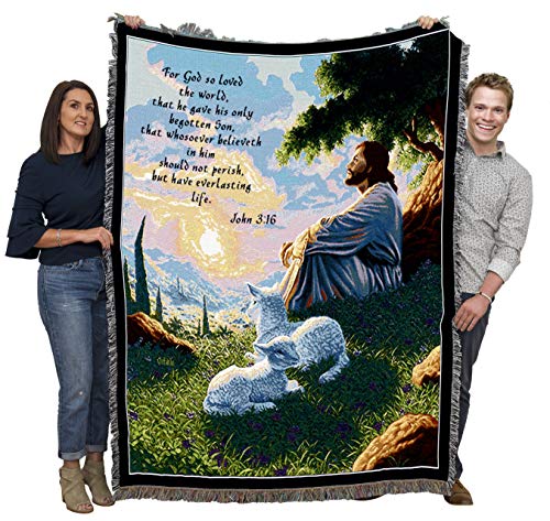 Green Pastures Blanket by Raoul Vitale - For God So Loved The World - Scriptures - John 3:16 - Jesus Christ Lambs Religious Gift Tapestry Throw Woven from Cotton - Made in the USA (72x54) - color: John3:16 Jesus