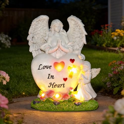 VEEKI Solar Angel Garden Statue Outdoor, Praying Angel Statues Solar Figurine Lights Outdoor Waterproof, Resin Angel Sculpture for Garden Yard Lawn Grave Cemetery Decor, Gift for Mom Grandma Women - color: Heart