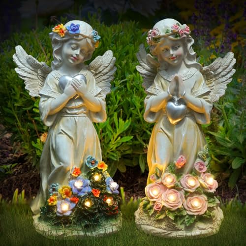 Angel Garden Statue 2Pcs,Love Heart Solar Decor with Warm Light | Waterproof Praying Angel Statue with Flowers,Outdoor Garden Decor Sculpture for Lawn Yard Patio Garden Present, Apricot - style: Heart Praying Angel