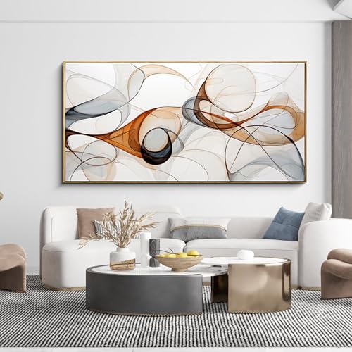 KLAKLA Modern Abstract Gray and Brown Designs - Colorful Curves and Translucent Medium - Frame Wall for Living Room Office Wall Decor Picture Artwork for walls - color: White + Orange Frame, size: 58"L x 29"W