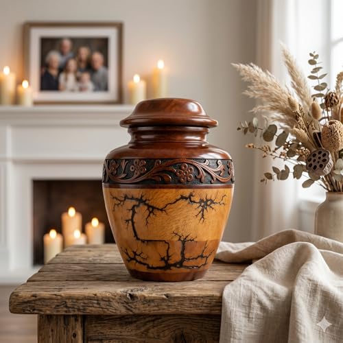 Wooden Cremation Urn (Small Keepsake 20 Cubic Inches) Adult Size for Man and Women Beutiful and Decorative urn for Ashes Fractal Design, Black Resin Inlay, - size: Small (20 lbs)
