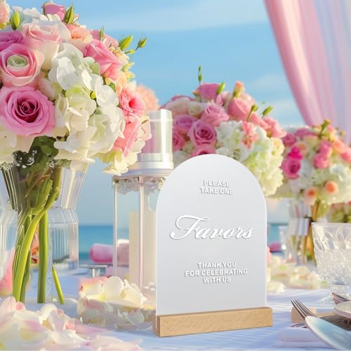 Acrylic Wedding Favors Sign for Reception with Wood Stand, 5 x 7 | Wedding signage guides guests to favors; frosted acrylic table sign with UV-printed white text and beech wood stand. - size: Favors Sign