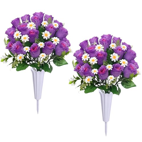 Lodou Artificial Cemetery Flowers, Memorial Grave Decorations Roses – 2 Bouquets & 2 Vases Set Non-Fade, Perfect for Christmas, Valentine’s Day, Memorial Day (Purple) - color: Purple