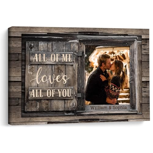 KiKiLuna Personalized “All Of Me Loves All Of You” Framed Canvas Wall Art | Custom Photo & Names Rustic Wood Couple Decor, Ready to Hang Wedding Anniversary Valentine’s Day Gift - color: Style6