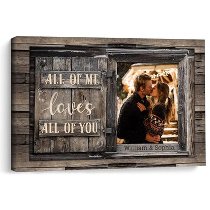 KiKiLuna Personalized “All Of Me Loves All Of You” Framed Canvas Wall Art | Custom Photo & Names Rustic Wood Couple Decor, Ready to Hang Wedding Anniversary Valentine’s Day Gift - color: Style6
