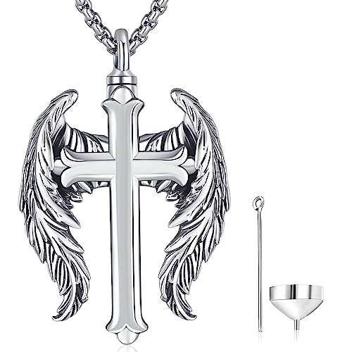 Aniu S925 Sterling Silver Urn Necklace Cremation Jewelry for Ashes - color: Cross Angel Wing-A