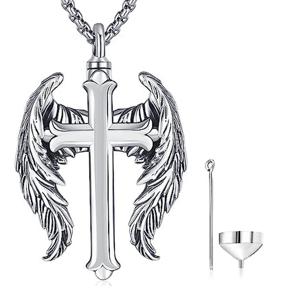 Aniu S925 Sterling Silver Urn Necklace Cremation Jewelry for Ashes - color: Cross Angel Wing-A