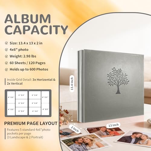 Photo Album 4x6 600 Pockets Photos, Large Capacity Leather Cover Photo Book | Slip-In Horizontal & Vertical Pockets Acid-Free Waterproof Picture Albums Great for Family Baby Wedding Holiday & Anniversary - color: Gray