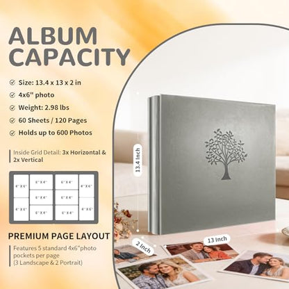 Photo Album 4x6 600 Pockets Photos, Large Capacity Leather Cover Photo Book | Slip-In Horizontal & Vertical Pockets Acid-Free Waterproof Picture Albums Great for Family Baby Wedding Holiday & Anniversary - color: Gray