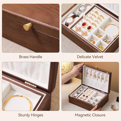 Black Walnut Wooden Jewelry Box, 2 Layer Necklace Organizer Case for Women - color: 2 Layer