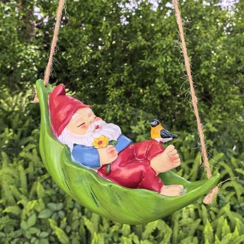 Gnome Garden Deko Outdoor Statues, Bird Flowers Resin Hanging Tree Gnomes Decorations Ornaments Figurines for Outside Backyard Art Decor - color: Hanging Sleeping Gnome