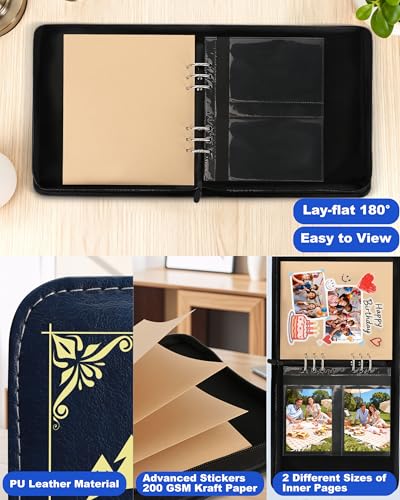 Adventure Leather Photo Album 4x6 200 Photos, DIY Scrapbook with 50 Sheets and 20 Blank Kraft Sheets, Travel Souvenir Diary Photo Book for Family Wedding Baby and Holiday Pictures - color: Blue-text