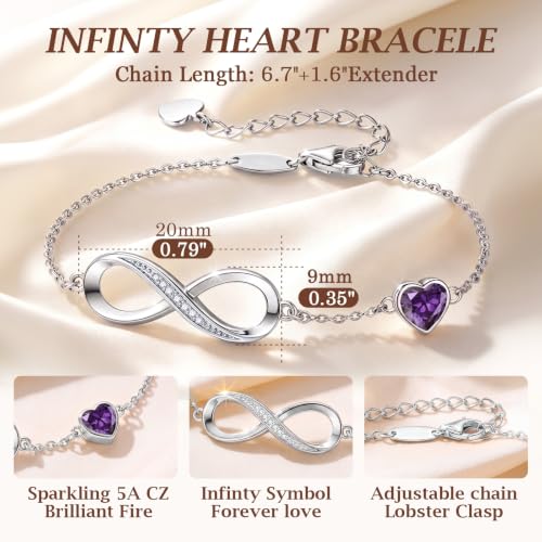 CDE 925 Sterling Silver Infinity Birthstone Bracelet Jewelry Gift for Women | Hypoallergenic,Non Tarnish,Heart CZ,Nickel-Free & Lead-Free,Anniversary Christmas Birthday Idea Gifts for Wife Girlfriend Her - color: 02-Feb